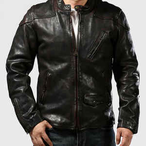 Chaqueta de moto de cuero de caballo con patrón sólido personalizado para hombre, cuello levantado, piel de oveja genuina con pliegues, teñido liso - Product Image 1