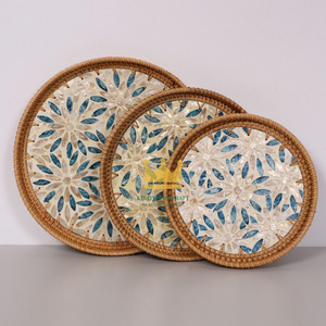 Vietnam Handmade Rattan <b>Wicker</b> Trays <b>with</b> Mother of Pearl Inlay MDF Base and Insert <b>Handle</b> for Fruit Serving - Product Image 4
