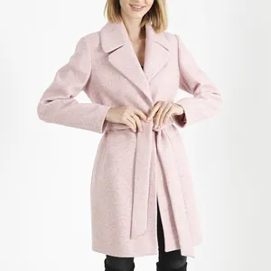 Turkish Quality Knee-length Double Collar Belted Pockets Pink Women's Coat comfortable and stylish coat