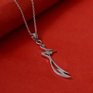 Collier minimaliste en argent 925 plaqué rhodium avec pendentif lettre tendance et chaîne à maillons, unisexe, pour tous les jours, style islamique - Product Image 1