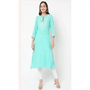 Good Quality Blue And White Embroidered Cotton Kurta With Pant Beautiful Cotton Fabric Straight kurti With Pant