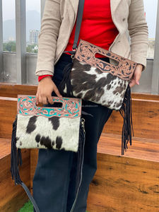 Bolso de Mano de Piel de Vaca con Flecos, Bandolera de Cuero con Asa Superior, Colorido, Ideal para Mujer - Product Image 3