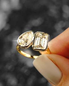 Esmeralda y pera corte Toi Et Moi anillo 11x9mm 10x7mm blanco CZ dos piedras oro joyería de compromiso - Product Image 4