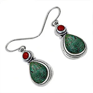 Boucles d'oreilles pendantes Art Palace en argent tibétain et turquoise, avec serti en corail rouge, plaqué argent, style bohème vintage, bijoux pour femmes - Product Image 3