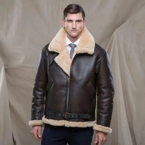 Veste d'hiver en cuir d'agneau véritable pour homme, tissu en toile, fourrure véritable, doublure en sherpa chaude, mode moto, grande taille - Product Image 5
