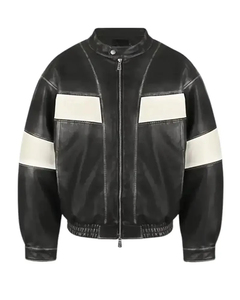 <b>Men's</b> Black PU Leather Bomber Jacket Moto Style Turn-down Collar Zipper Closure Regular Fit Autumn Wear - Product Image 5