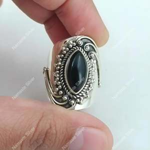 Handmade Boho <b>Statement</b> <b>Ring</b> Black Onyx 925 Sterling Silver Men's Marquise Style Gift for Her - Product Image 4