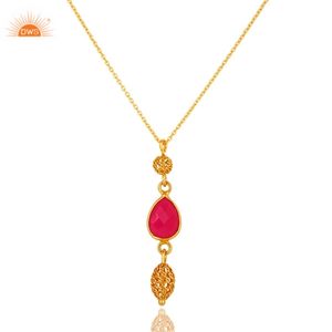 Handmade Pendant <b>Necklace</b> Wholesale 18k Gold Plated Silver <b>Necklace</b> Colorful <b>Pink</b> Chalcedony Silver <b>Necklace</b> Jewelry - Product Image 3