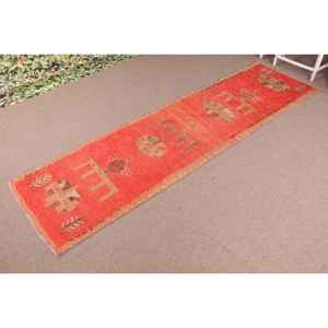Vintage Herki <b>Runner</b> Rug 2.6x9.5 ft (80x290 cm), Turkish <b>Red</b> Abstract Rug - Product Image 2