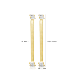 Italian Chain Design Baguette Shape Stone Long Earrings Turkish Handmade 925 Sterling Silver Jewelry - Product Image 2