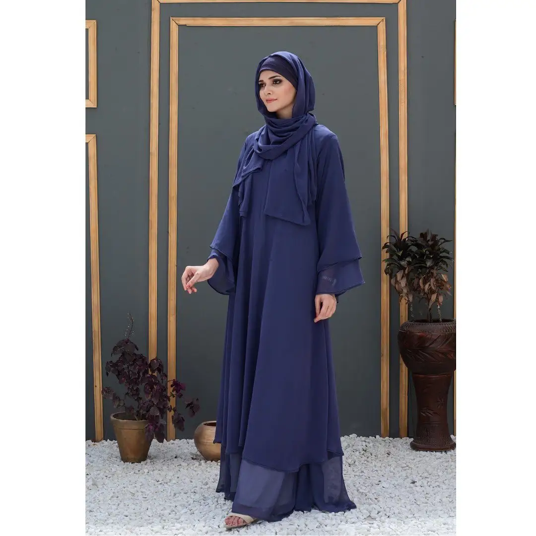 Arabic Dark Blue Hot Bán hồi giáo quần áo phụ nữ abaya Set voan Polyester abaya Dubai phụ nữ khiêm tốn Dresses bán buôn