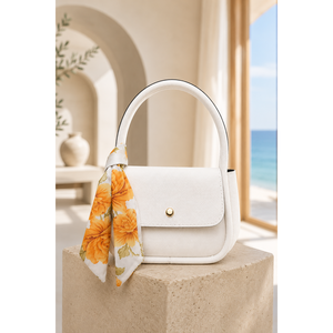 Vintage Summer White-Orange <b>Mini</b> Handbag with Scarf Detail Waterproof PU Lining Zipper Closure Pearl Decoration - Product Image 1