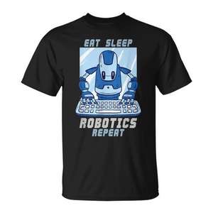 T-shirt unisexe pour adultes à manches courtes et col rond avec impression numérique promotionnelle Eat Sleep Robotics Repeat - Product Image 1