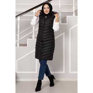 Chaleco Acolchado con Capucha para Mujer, Talla Grande, Color Negro, Largo, Decoración Vintage Bordada, Tejido de Punto, Cuero - Product Image 1