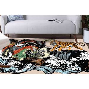 Alfombra Redonda Japonesa con Diseño de Tigre y Dragón: Estilo Utagawa Kuniyoshi, Antideslizante, con Pelo Suave - Product Image 2