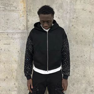 Sweat à capuche personnalisé pour hommes 100% coton épais Full Zip brodé Rhinestone Oversize imprimé doublure imperméable OEM fourni - Product Image 3