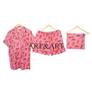 Ensemble de pyjama pour femmes, été, 100% coton, doux, luxueux, élégant, décontracté, imprimé à la main, manches courtes, vêtements de nuit, respirant, vêtements de plage - Product Image 1