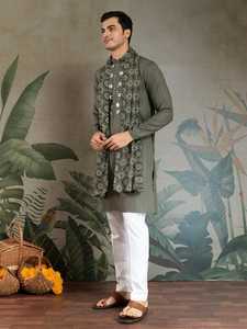 Wholesale Indian Traditional Kurta Pajama for <b>Men</b> Ethnic <b>Wear</b> Cotton Kurta Pajama Set with Embroidery for Wedding Party <b>Festival</b> - Product Image 3