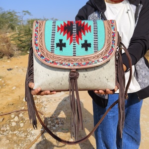 LW Western Stylish Real Tooled Aztec Leather Multi Color Fringe Sling Bag Hot Selling New Arrival Tooled Saddle <b>Blanket</b> Handbag - Product Image 1