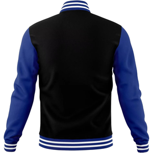 Chaqueta universitaria con logotipo personalizado para hombre al por mayor con cuello levantado y mangas largas bordadas diseño universitario color negro y azul - Product Image 2