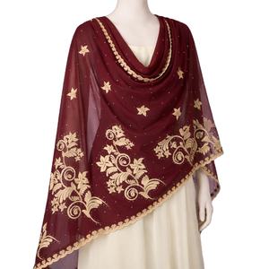 ผ้าคลุมไหล่ชีฟองผ้าฝ้ายโพลีเอสเตอร์ปักลายดอกไม้หรูหรา ประดับด้วยคริสตัล น้ำหนักเบา ระบายอากาศได้ดี ผ้าพันคอฤดูร้อนสำหรับผู้หญิงมุสลิม - Product Image 1