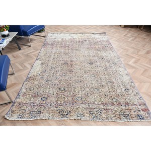 Alfombra vintage de 5.8x9.4 pies, alfombra turca grande, alfombra de lana con motivos de plantas y árboles azules - Product Image 1