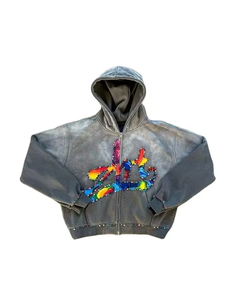 Sudaderas con Capucha Retro Personalizadas con Piedras Preciosas, Unisex, Talla Grande, Lavado Ácido, 100% Algodón, Gruesas, con Cierre, Sudaderas con Pedrería para Hombre y Mujer - Product Image 1