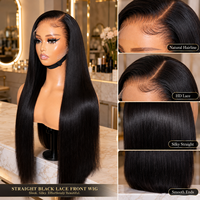Perruque Lace Front HD Transparente 13x6, Densité 250%, Cheveux Humains Remy Vietnamiens Noirs Naturels Lisses, Pré-épilée