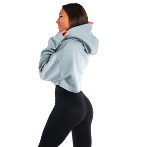 Haut à capuche court à manches longues en tricot avec fermeture éclair intégrale pour femme, logo personnalisé sur le devant, ourlet côtelé, style hip-hop - Product Image 4