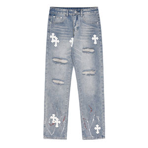 2025 nouveaux hommes en détresse jean croix motif Hip Hop Style respirant décontracté long jean pour printemps hiver haute rue mode - Product Image 3