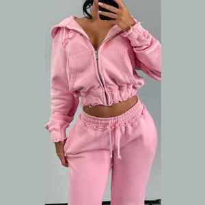 Sweat à capuche zippé surdimensionné en éponge française Patch de lavage à l'acide Applique brodé Ensemble de survêtement court survêtements pour femmes - Product Image 6