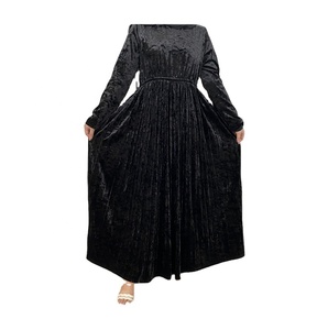 Autumn Winter Elegant Modest Muslim Dress Dubai Turkish Causal Outfits; Linen Satin Pleated Velvet; Solid Color Abaya <b>Kaftan</b> - Product Image 1