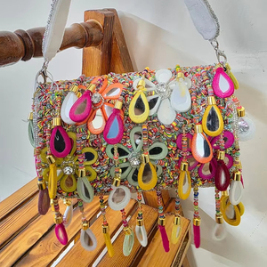 Pochette de soirée pour femme, style bohème indien fait main, ornée de perles, de diamants brodés, de pompons, de boutons et d'un miroir, avec bandoulière réglable - Product Image 1
