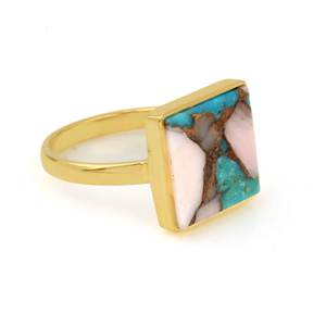 Women's Fine Jewelry-Solid 925 Sterling Silver 18K Gold-Plated Mohave Turquoise Pink <b>Opal</b> Copper Square 12mm Bezel Setting <b>Ring</b> - Product Image 5