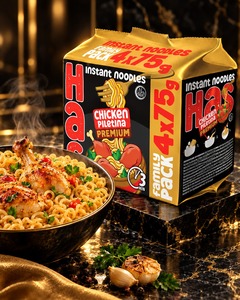 บะหมี่กึ่งสำเร็จรูปไก่ทอดพรีเมียม HAS 4x75 กรัม พร้อมรับประทานใน 3 นาที ได้รับการรับรองฮาลาล ตามมาตรฐาน HACCP และ IFS - Product Image 2