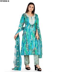 Elegante conjunto de Kurti de algodón con estampado de lámina bordado cuello de viscosa trabajo a juego inferior y Ropa Étnica cosida dupatta fluida - Product Image 1