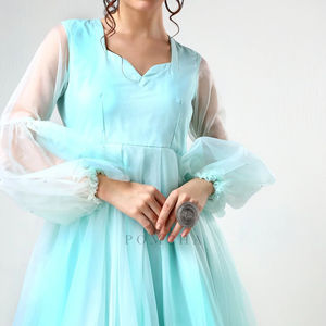 Vestido largo acampanado de Organza azul sólido elegante de nueva llegada con manga completa abullonada para ocasiones de boda Vestido de desgaste - Product Image 1