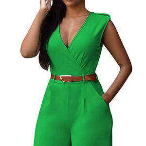 Taille haute col rond décontracté automne respirant ceinture sans manches Spandex/coton saut costume plaine couleur verte Sport femmes une pièce - Product Image 4