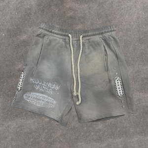 <b>Men's</b> Vintage Washed <b>Shorts</b> Custom Streetwear with Rhinestone Logo Print 100% Cotton Eco-Friendly Solid <b>Pattern</b> - Product Image 3