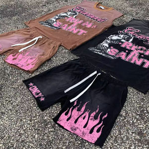 Custom Cotton Heavyweight Dtg Graphic High Quality Vintage Acid Washed t Shirt tank Top Men <b>Sleeveless</b> Shorts Sets Manufacturer - Product Image 3