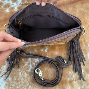 New Western Hand Tooled Leather Sunflower Crossbody Fringe Bag High Quality Handmade Genuine Leather Shoulder Purse for Women's - Product Image 6