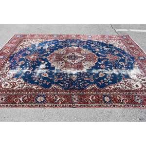 Tapis vintage turc persan en laine et latex, écologique, à poils moyens, motif classique rouge et bleu patchwork, grande surface 7,7 x 10,8 pieds pour - Product Image 3