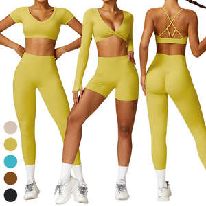 Ensemble de sport cinq pièces sans couture pour femme, recyclable, couleur unie, pour gym, yoga et fitness : crop top, brassière de sport, leggings taille mi-haute et shorts - Product Image 2