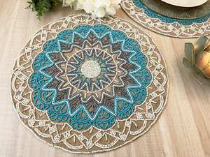 Handmade 14 Inch Beaded Floral <b>Tablemats</b> Set of 6 Knitted <b>Round</b> Placemat for Dining Table Decorative <b>Round</b> <b>Tablemats</b> - Product Image 3