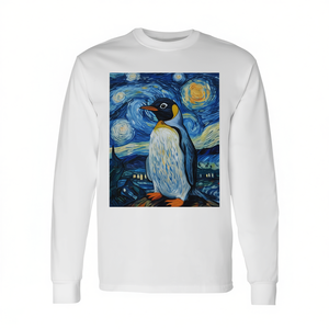 T-Shirt a Maniche Lunghe Stile Van Gogh Notte Stellata con Design di Pinguini per Promozioni - Product Image 2