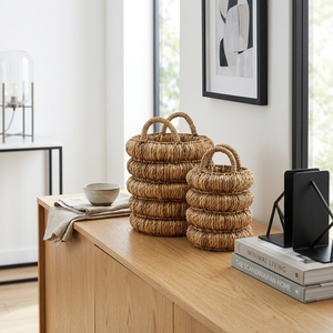 Natural Hand Woven Water Hyacinth <b>Storage</b> <b>Basket</b> Set <b>Stacked</b> Donut Ring Coiled Tier Arch Handle Planter Setup Decor Pure Art - Product Image 4