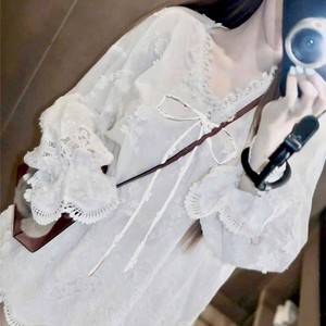 OEM White Embroidered Chiffon V Neck <b>Long</b> Sleeve <b>Women</b> Blouse - Product Image 6