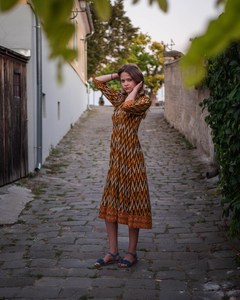 Hand Loom Ikat Revati Dress Calf Length Bohemian Brown Yellow White Pure Cotton Casual Occasional Handmade - Product Image 2