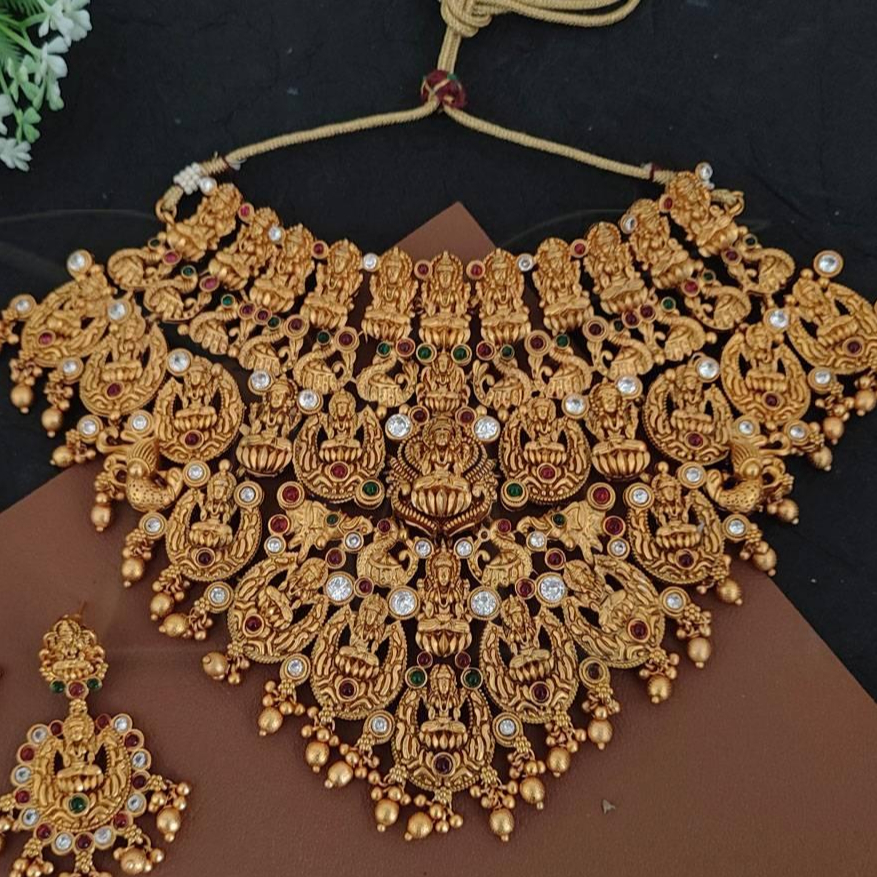 South Indian Temple Jewelry Matte Gold Polish Wedding Wear God Laxmi Design Golden Clusterpearl Beautiful Temple Choker Necklace