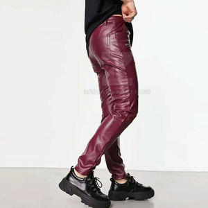 Pantalons en cuir pour hommes décontractés à taille mi-haute, à devant plat, lavage foncé, légers, avec logo de marque personnalisé, vente en gros - Product Image 6